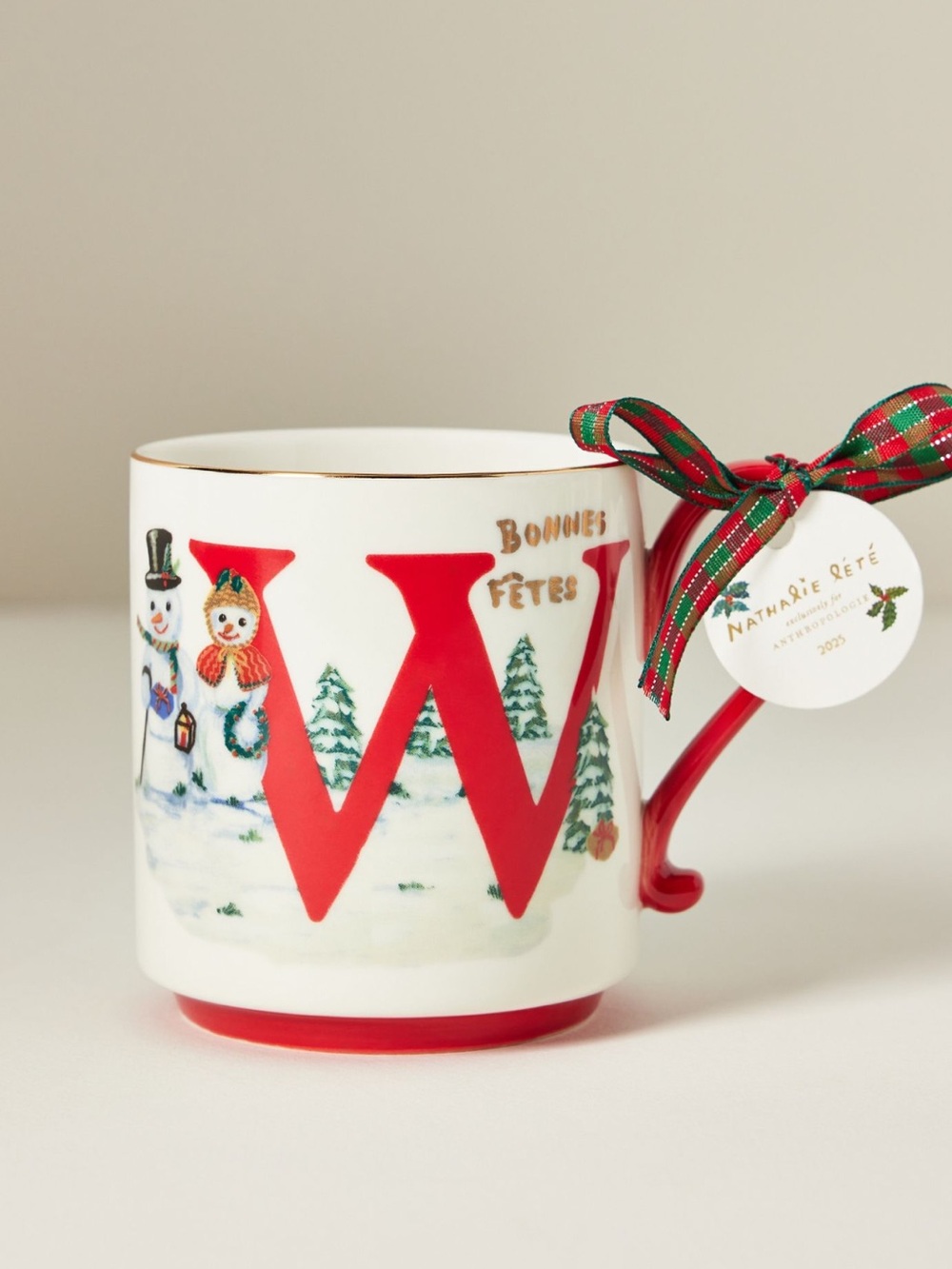 Anthropologie Christmas Monogram Mug Inital Letter W Cup Nathalie Lete Snowman